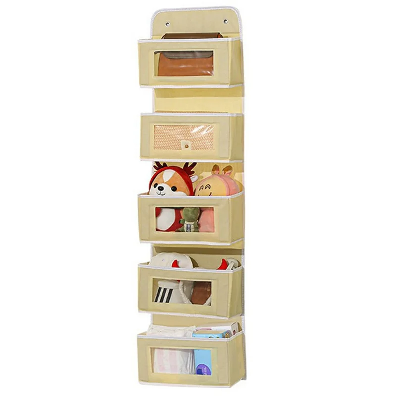 Over Door Hanging Organizer 5 Tier Storage Bag with Clear Window Fabric Holder for Toys Miscellaneous Items - Yellow