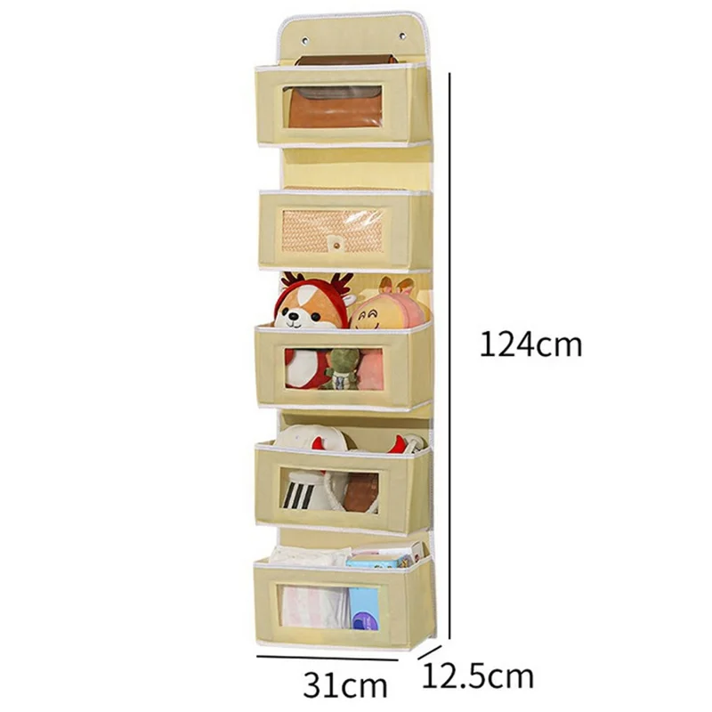 Over Door Hanging Organizer 5 Tier Storage Bag with Clear Window Fabric Holder for Toys Miscellaneous Items - Yellow