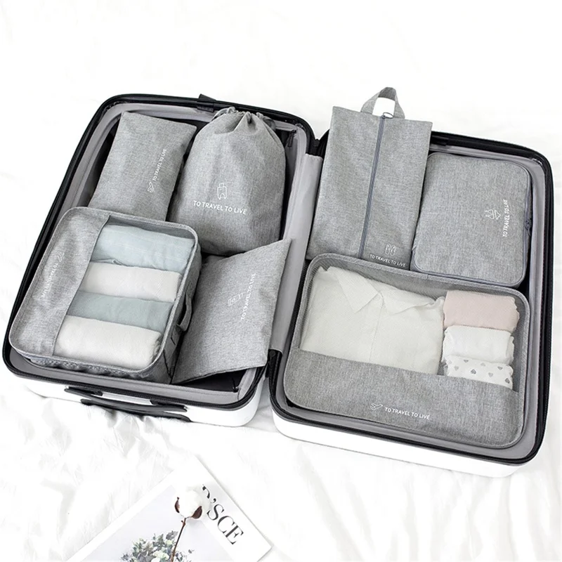 Travel Organizer Set 7 Pieces Clothing Sorting Packing Cubes Waterproof Luggage Storage Bags - Grey