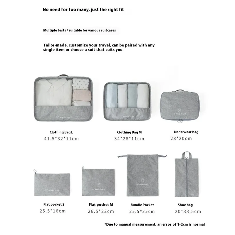 Travel Organizer Set 7 Pieces Clothing Sorting Packing Cubes Waterproof Luggage Storage Bags - Grey