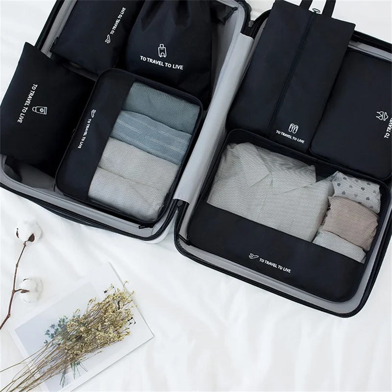 Travel Organizer Set 7 Pieces Clothing Sorting Packing Cubes Waterproof Luggage Storage Bags - Black