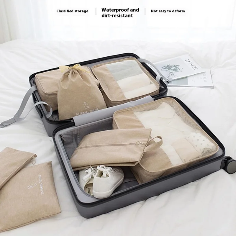 Travel Organizer Set 7 Pieces Clothing Sorting Packing Cubes Waterproof Luggage Storage Bags - Black