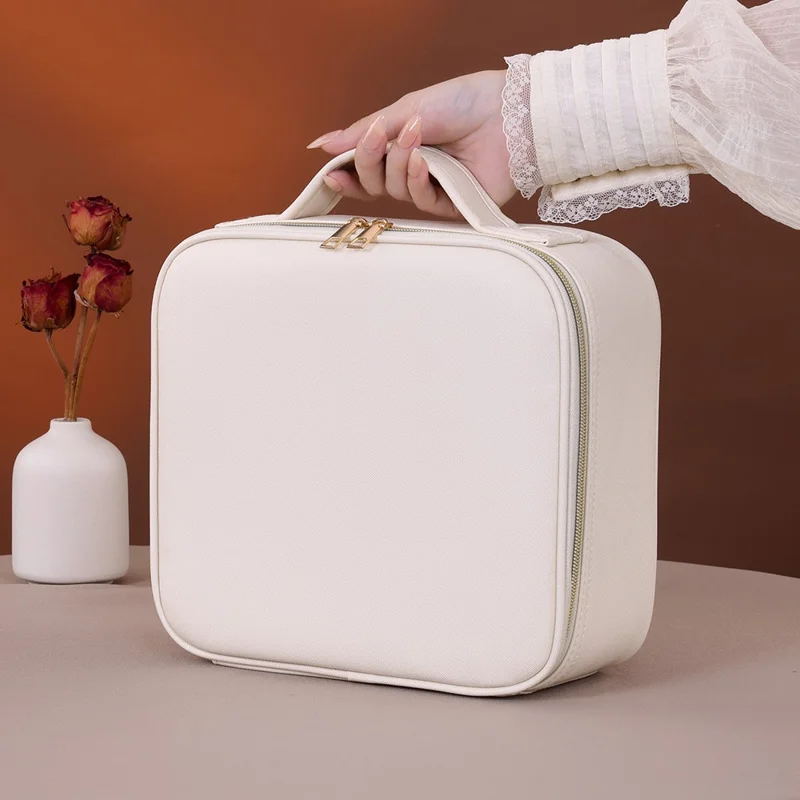 PU Leather Makeup Case Detachable LED Mirror with Stand Makeup Brush Organizer Portable Cosmetic Box - Beige