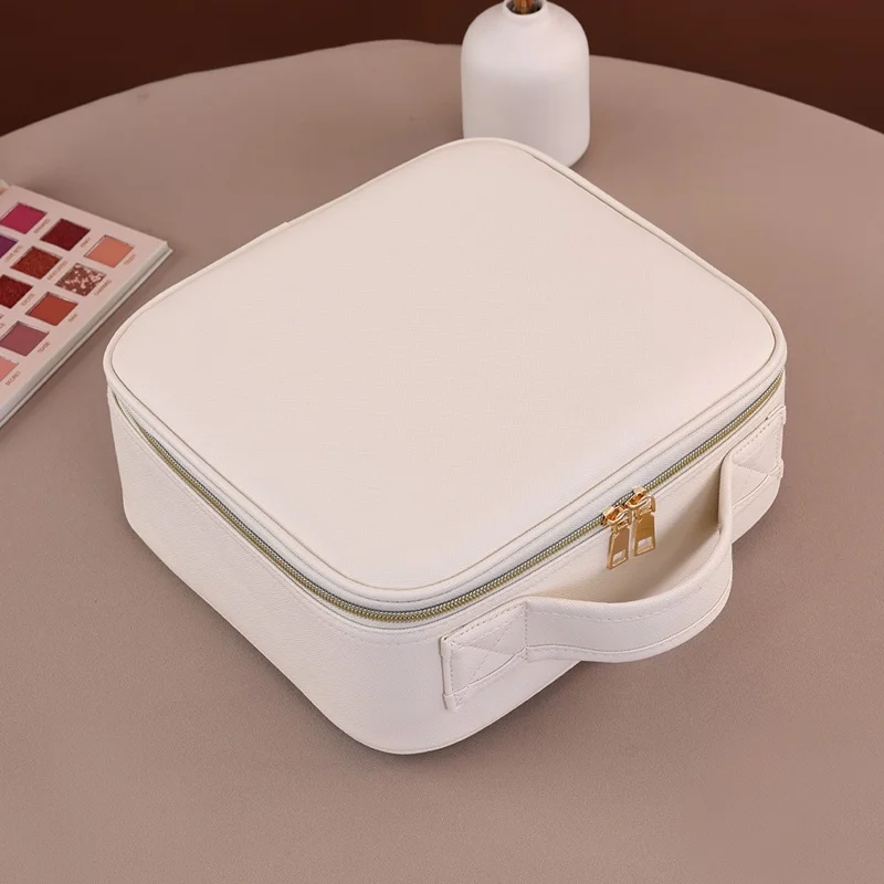 PU Leather Makeup Case Detachable LED Mirror with Stand Makeup Brush Organizer Portable Cosmetic Box - Beige