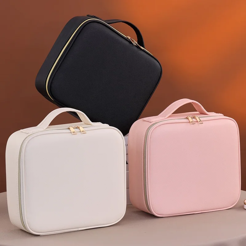 PU Leather Makeup Case Detachable LED Mirror with Stand Makeup Brush Organizer Portable Cosmetic Box - Beige