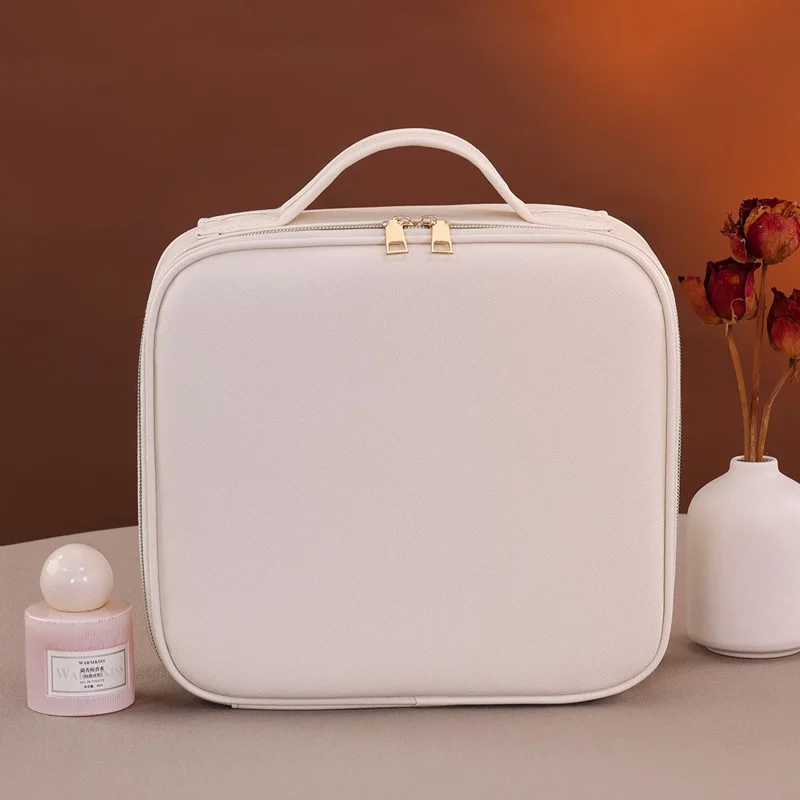 PU Leather Makeup Case Detachable LED Mirror with Stand Makeup Brush Organizer Portable Cosmetic Box - Beige