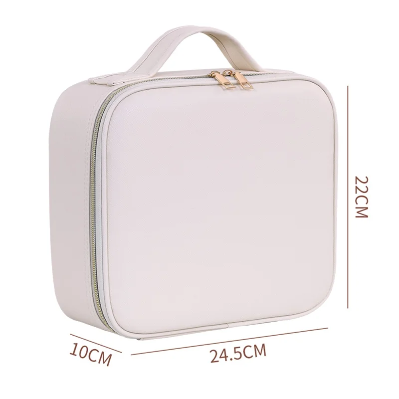 PU Leather Makeup Case Detachable LED Mirror with Stand Makeup Brush Organizer Portable Cosmetic Box - Beige