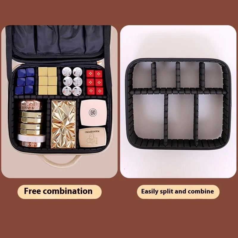 PU Leather Makeup Case Detachable LED Mirror with Stand Makeup Brush Organizer Portable Cosmetic Box - Beige