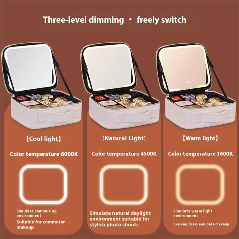 PU Leather Makeup Case Detachable LED Mirror with Stand Makeup Brush Organizer Portable Cosmetic Box - Beige