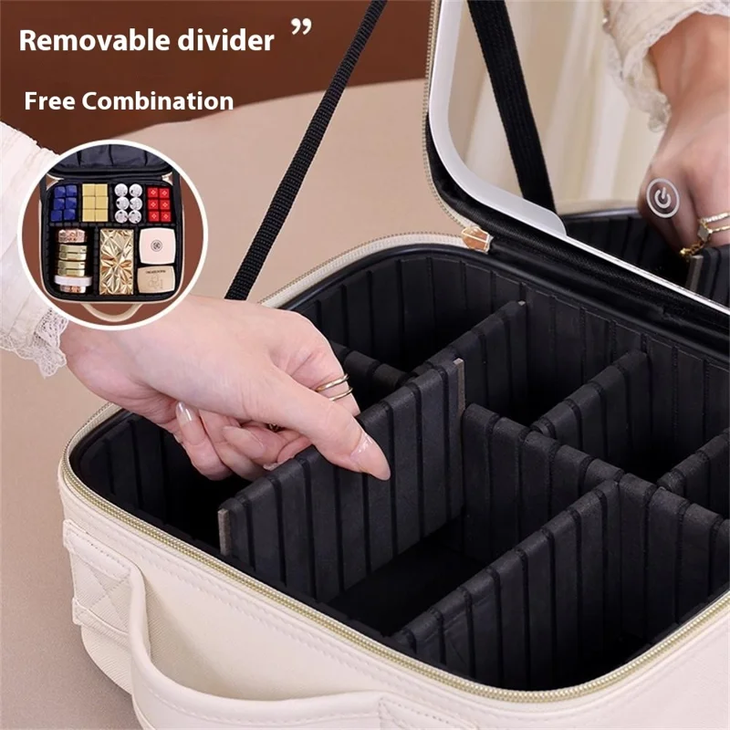 PU Leather Makeup Case Detachable LED Mirror with Stand Makeup Brush Organizer Portable Cosmetic Box - Beige
