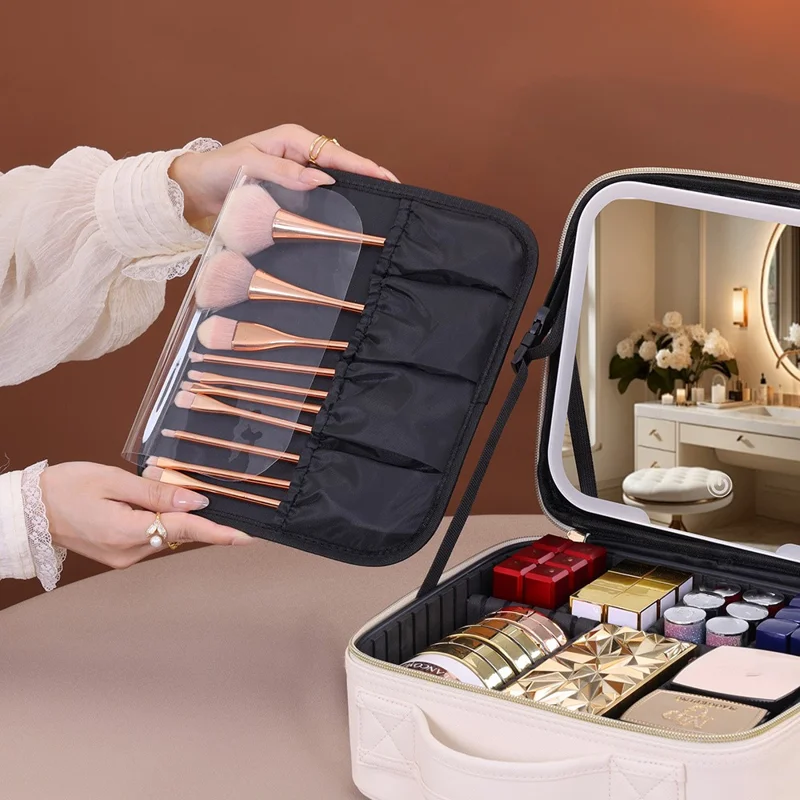 PU Leather Makeup Case Detachable LED Mirror with Stand Makeup Brush Organizer Portable Cosmetic Box - Beige
