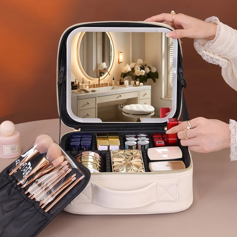 PU Leather Makeup Case Detachable LED Mirror with Stand Makeup Brush Organizer Portable Cosmetic Box - Beige