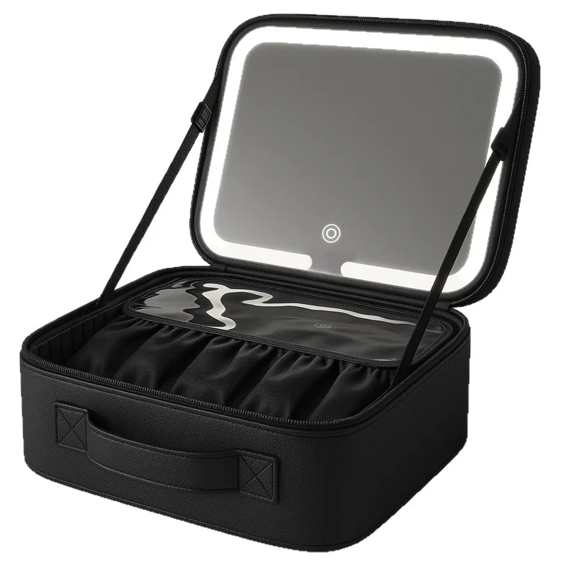 Tragbare Kosmetikbox aus Kunstleder mit LED-Beleuchtung, Schminkspiegel und Makeup-Pinsel-Organizer - Schwarz