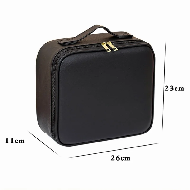 Tragbare Kosmetikbox aus Kunstleder mit LED-Beleuchtung, Schminkspiegel und Makeup-Pinsel-Organizer - Schwarz