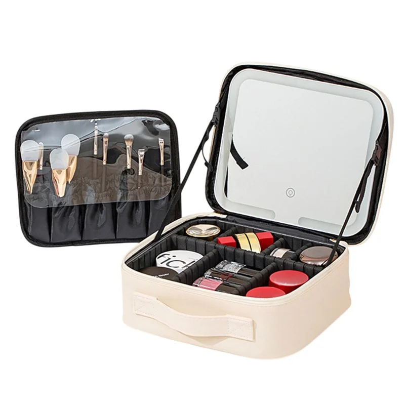 Portable Cosmetic Box PU Leather Makeup Case with LED Lighting Vanity Mirror Makeup Brush Organizer - Beige