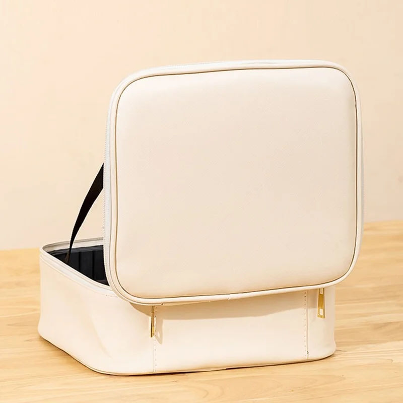 Portable Cosmetic Box PU Leather Makeup Case with LED Lighting Vanity Mirror Makeup Brush Organizer - Beige