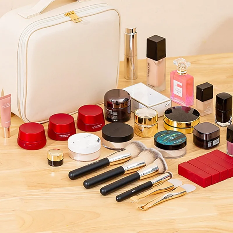 Portable Cosmetic Box PU Leather Makeup Case with LED Lighting Vanity Mirror Makeup Brush Organizer - Beige