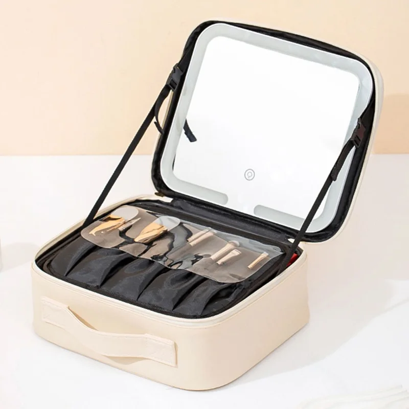 Portable Cosmetic Box PU Leather Makeup Case with LED Lighting Vanity Mirror Makeup Brush Organizer - Beige