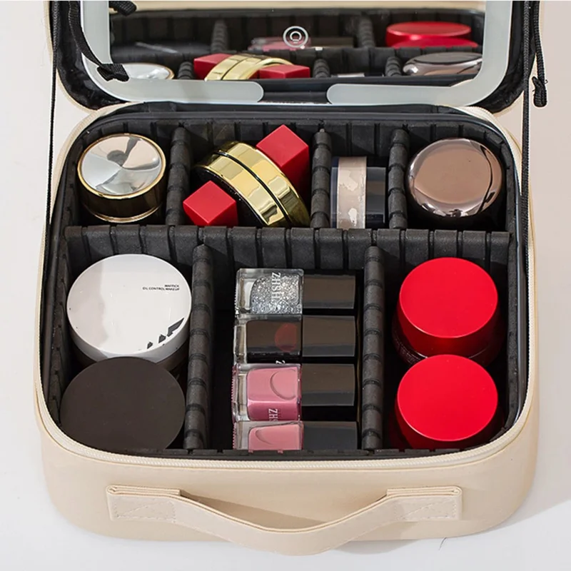 Portable Cosmetic Box PU Leather Makeup Case with LED Lighting Vanity Mirror Makeup Brush Organizer - Beige
