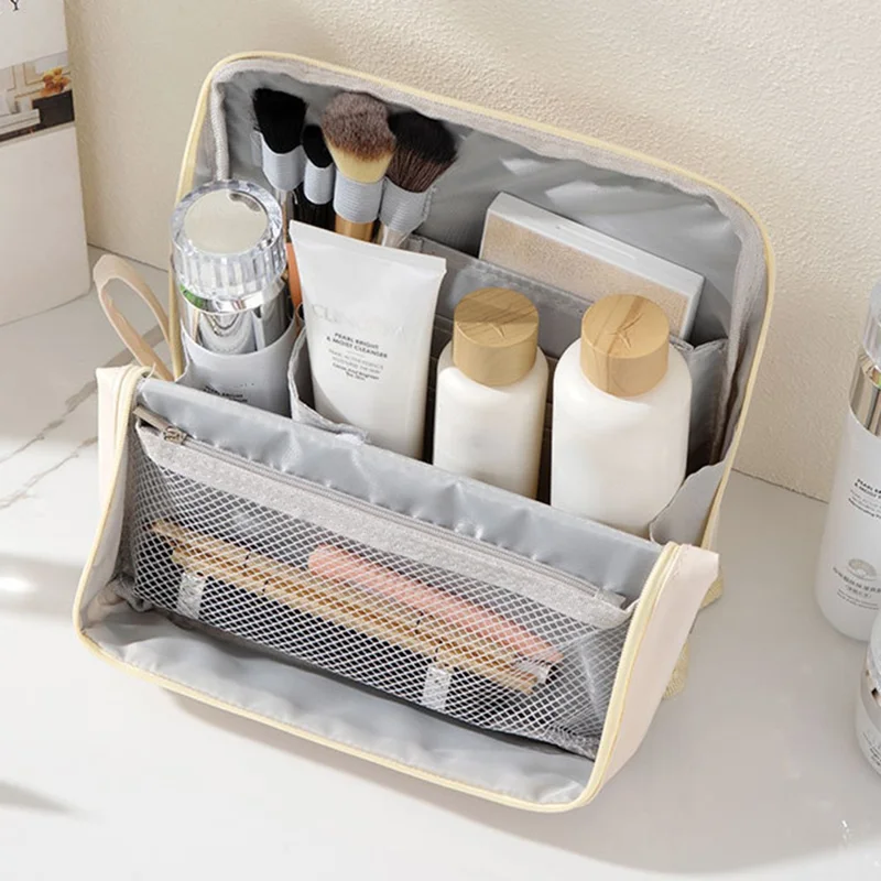 Bolsa Cosmética de PU com Grande Capacidade, Portátil para Viagem, Organizador de Maquiagem - Branco