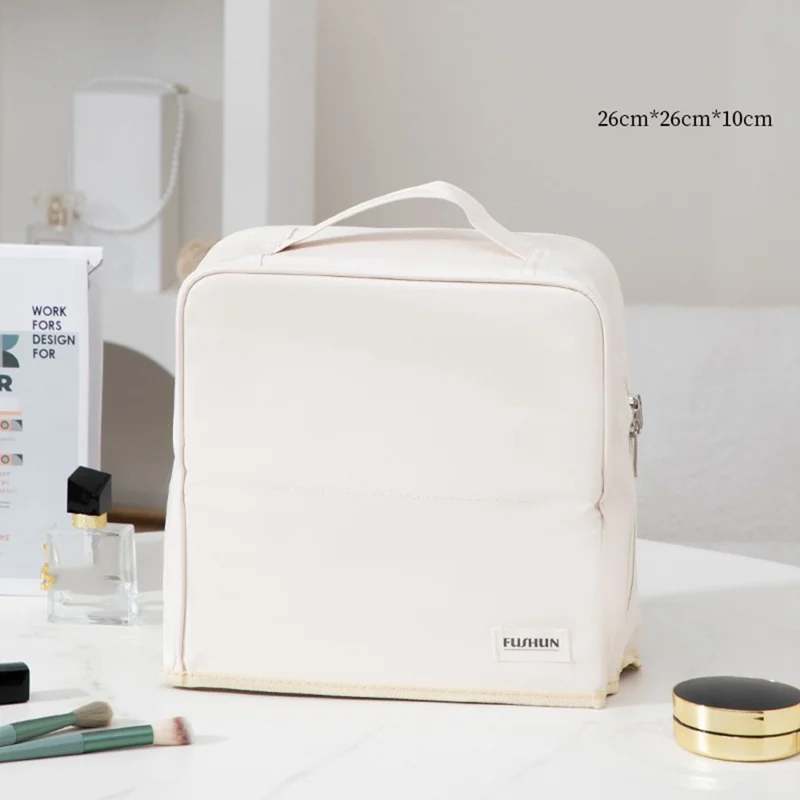 Travel Makeup Bag Large Capacity Waterproof PU Cosmetic Storage Bag with Mirror - White