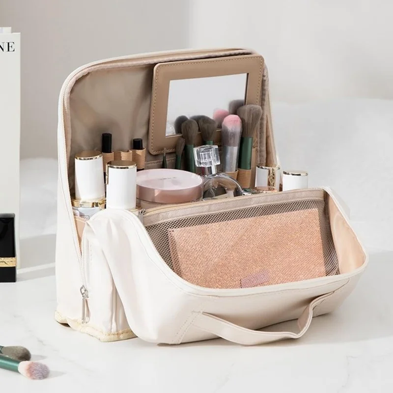 Travel Makeup Bag Large Capacity Waterproof PU Cosmetic Storage Bag with Mirror - White