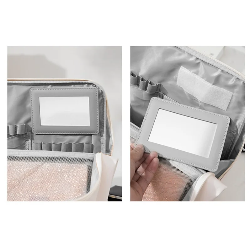 Travel Makeup Bag Large Capacity Waterproof PU Cosmetic Storage Bag with Mirror - White