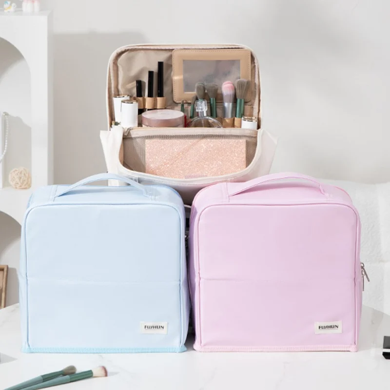 Travel Makeup Bag Large Capacity Waterproof PU Cosmetic Storage Bag with Mirror - White