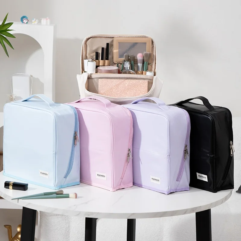 Travel Makeup Bag Large Capacity Waterproof PU Cosmetic Storage Bag with Mirror - White