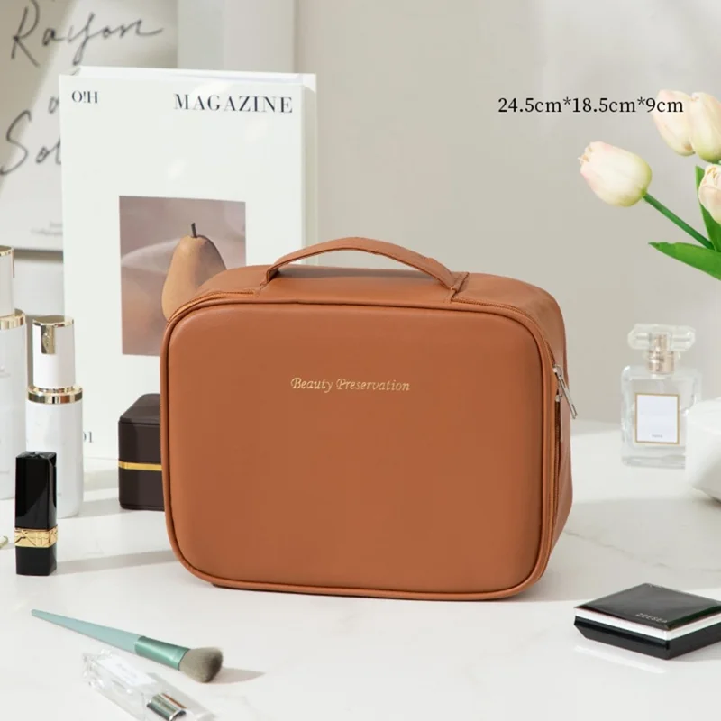 Detachable Makeup Bag Large Capacity Toiletry Organizer Travel Adjustable Compartments Storage Pouch - Brown