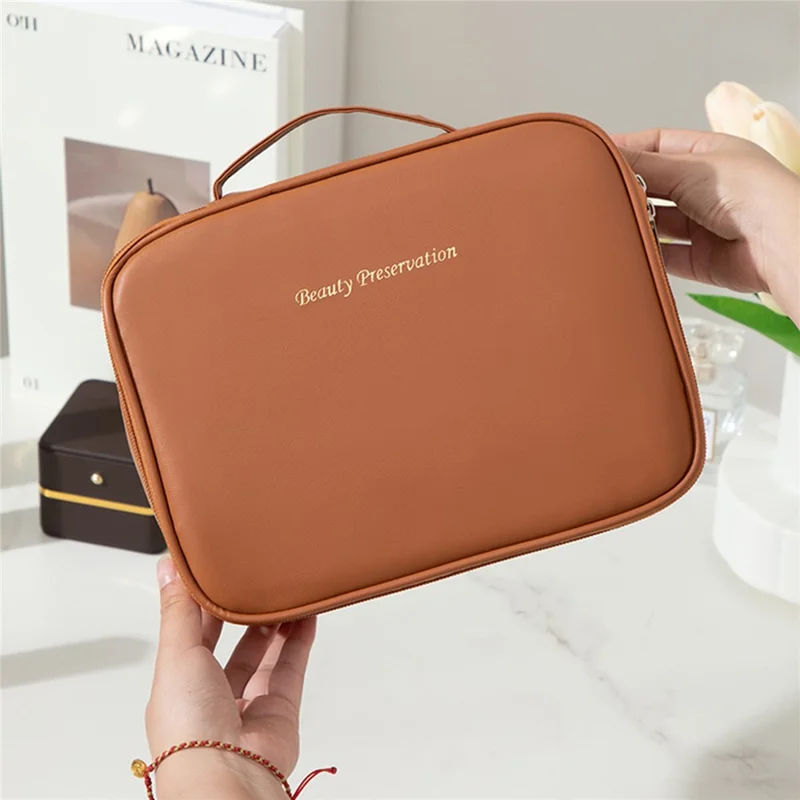 Detachable Makeup Bag Large Capacity Toiletry Organizer Travel Adjustable Compartments Storage Pouch - Brown