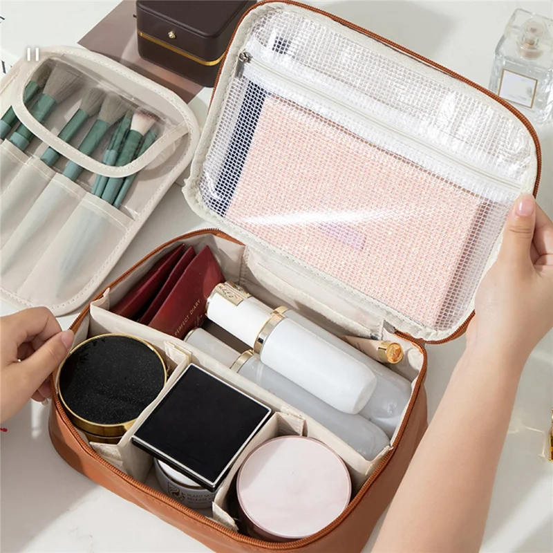 Detachable Makeup Bag Large Capacity Toiletry Organizer Travel Adjustable Compartments Storage Pouch - Brown