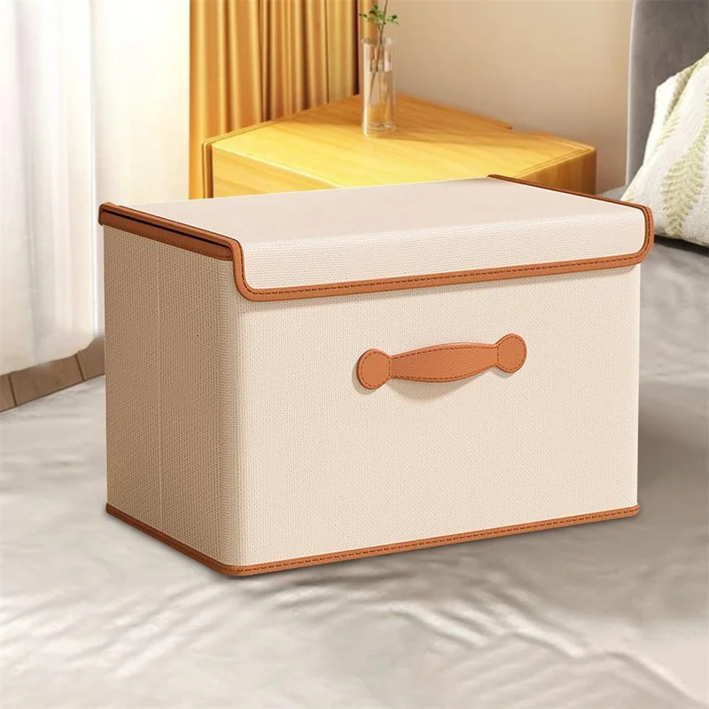Caixa de Armazenamento Dobrável de 45 x 35 x 25 cm com Tampa, Organizador de Roupas em Tecido Não Tecido, Bege