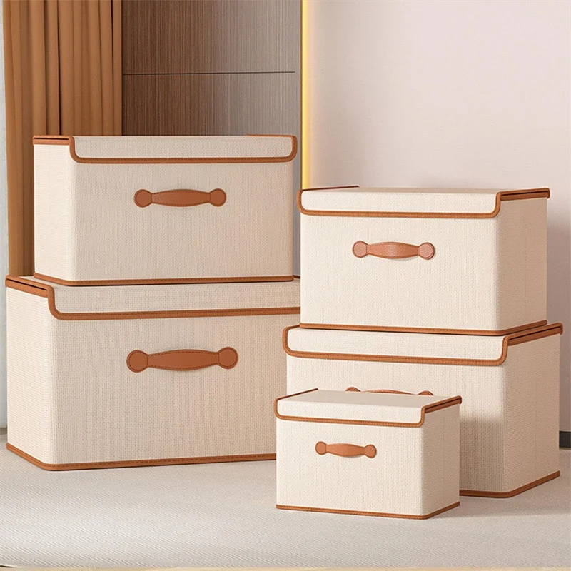 Caixa de Armazenamento Dobrável de 45 x 35 x 25 cm com Tampa, Organizador de Roupas em Tecido Não Tecido, Bege