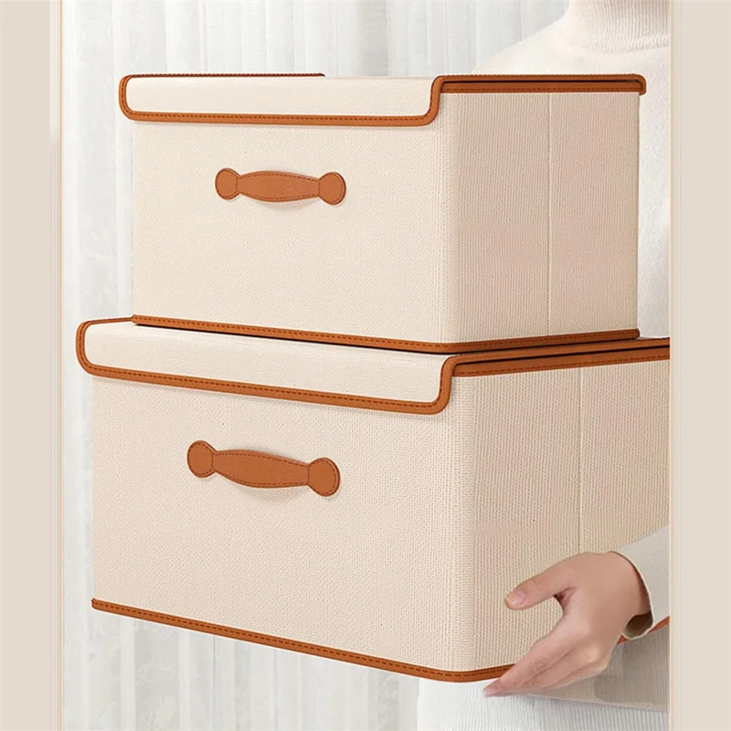 Caixa de Armazenamento Dobrável de 45 x 35 x 25 cm com Tampa, Organizador de Roupas em Tecido Não Tecido, Bege