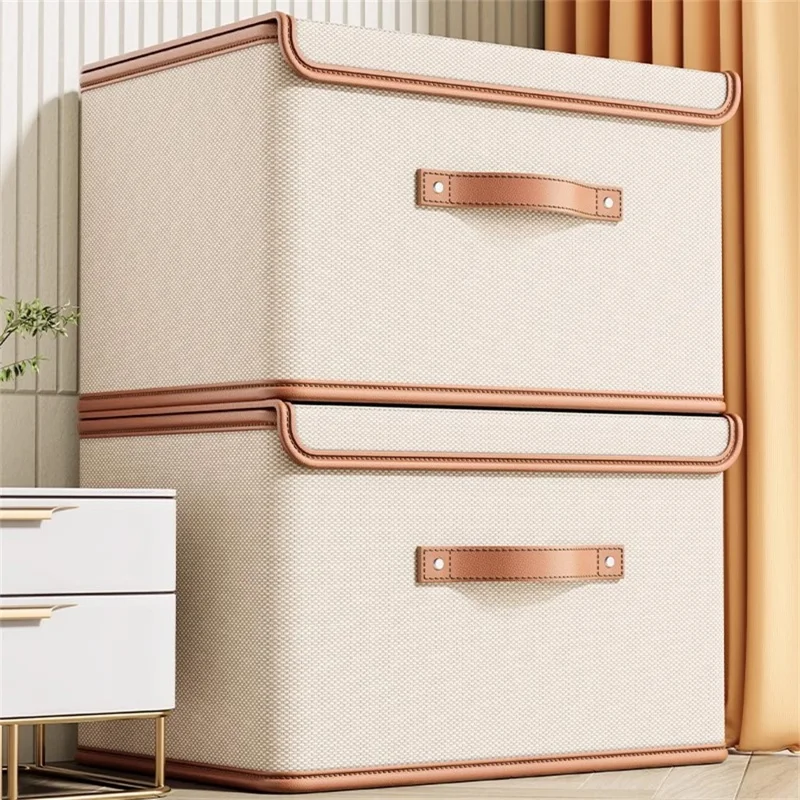 Caixa de Armazenamento Dobrável de 45 x 35 x 25 cm com Tampa, Organizador de Roupas em Tecido Não Tecido, Bege
