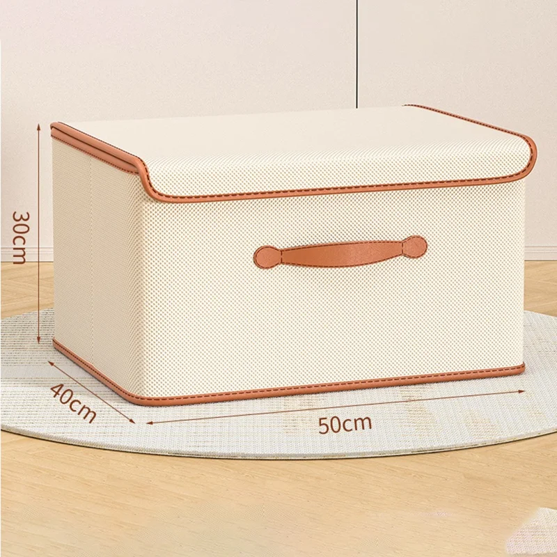 Caixa de Armazenamento Dobrável de 50 x 40 x 30 cm com Tampa, Organizador de Roupas em Tecido Não Tecido, Bege