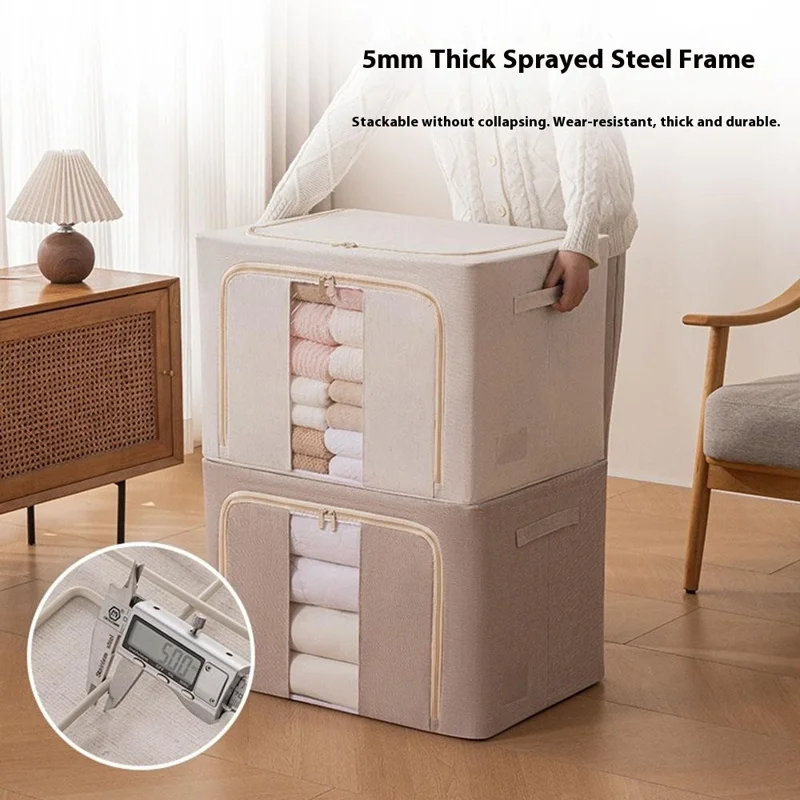 Foldable Storage Box 66L Cotton Linen with Steel Frame for Clothes Quilts Coats Organization - 5140