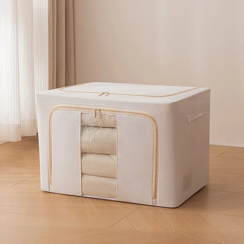Foldable Storage Box 100L Cotton Linen with Steel Frame for Clothes Quilts Coats Organization - 5140