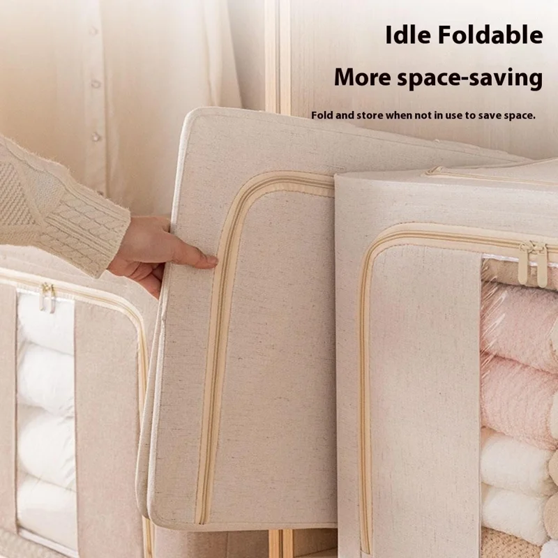 Foldable Storage Box 100L Cotton Linen with Steel Frame for Clothes Quilts Coats Organization - 5140