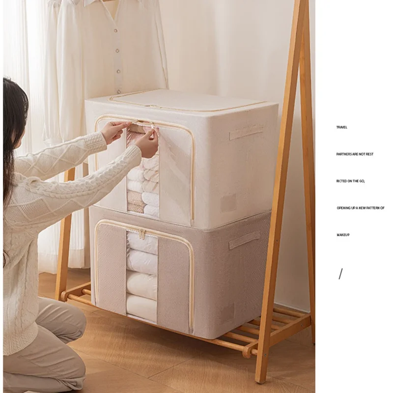 Foldable Storage Box 100L Cotton Linen with Steel Frame for Clothes Quilts Coats Organization - 5140