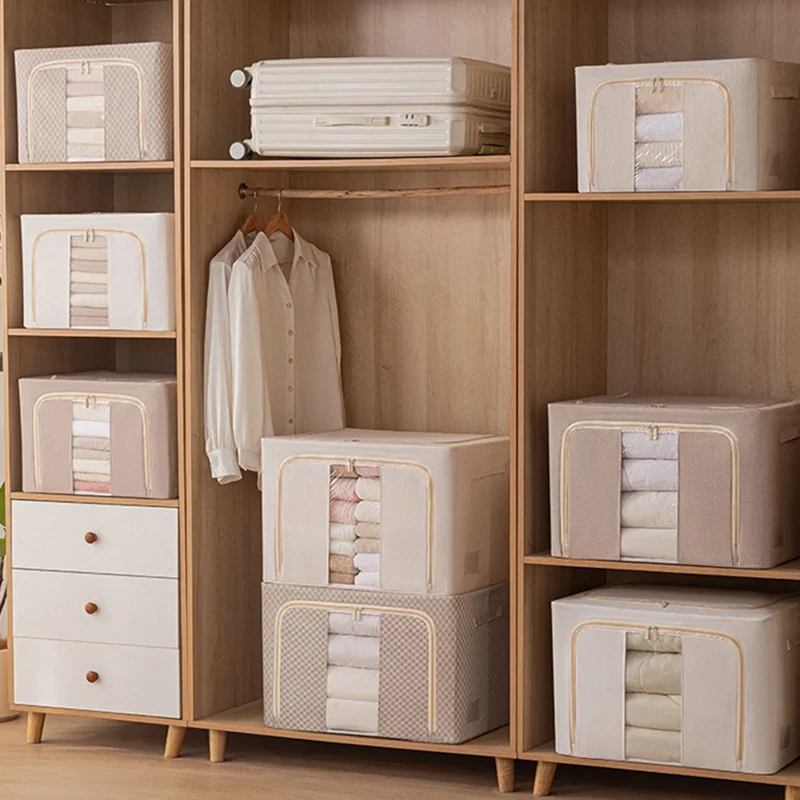 Foldable Storage Box 100L Cotton Linen with Steel Frame for Clothes Quilts Coats Organization - 5140