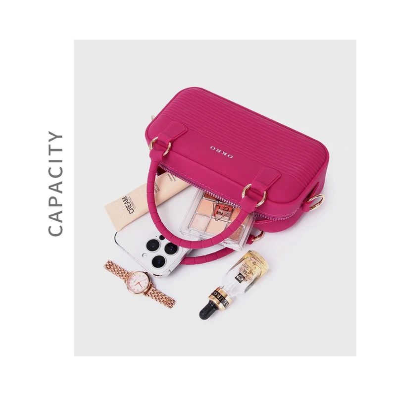 OKRO Silicone Handbag Storage Pouch Waterproof Crossbody Bag with Metal Chain Strap - Wine Red