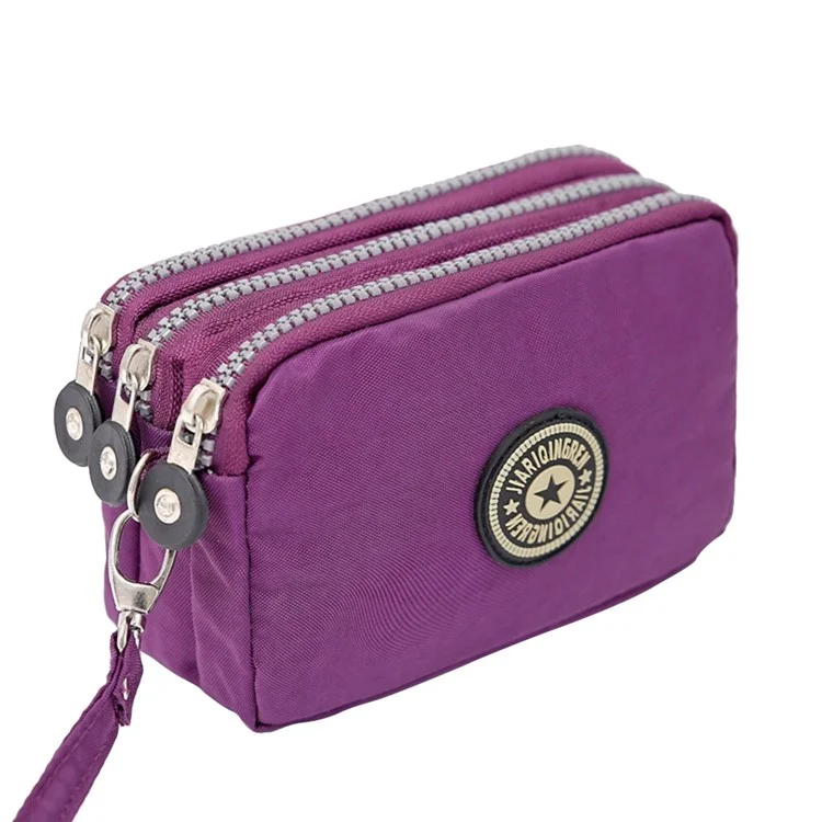 Jiariqenren 610 Women Tres Capas de Tres Capas Monedas de Monedera de Mezclilla Portátil Lavado Con Correa Con Correa Para la Muñeca - Morado Oscuro