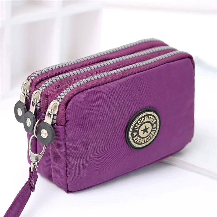Jiariqenren 610 Women Tres Capas de Tres Capas Monedas de Monedera de Mezclilla Portátil Lavado Con Correa Con Correa Para la Muñeca - Morado Oscuro