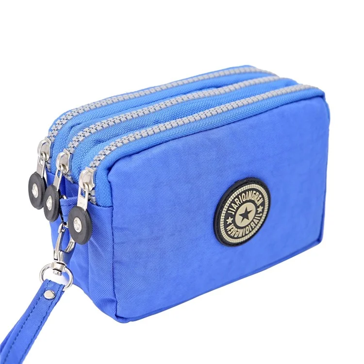 JIARIQINGREN 610 Women Three Layer Zipper Coin Purse Washed Denim Cellphone Holder Clutch with Wrist Strap - Sapphire