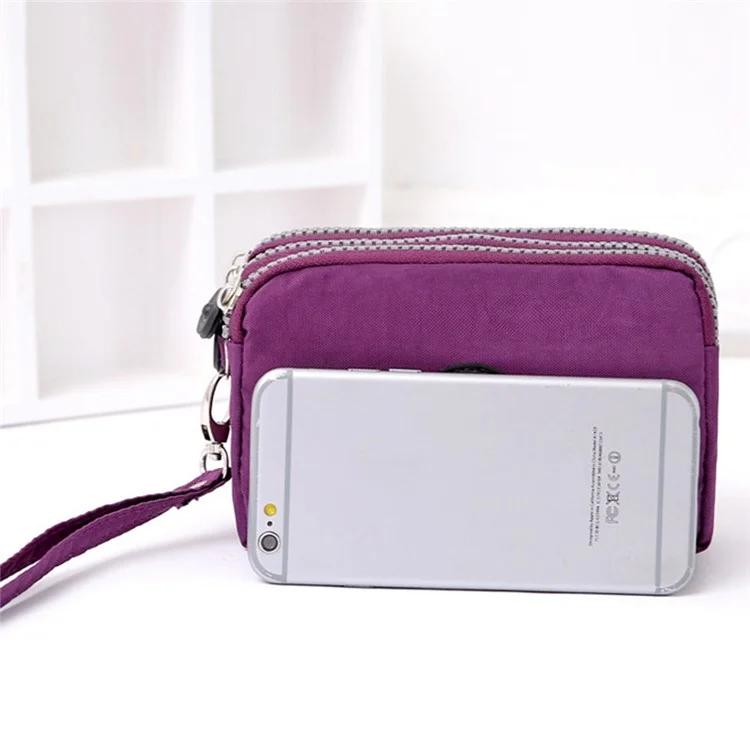 JIARIQINGREN 610 Women Three Layer Zipper Coin Purse Washed Denim Cellphone Holder Clutch with Wrist Strap - Sapphire