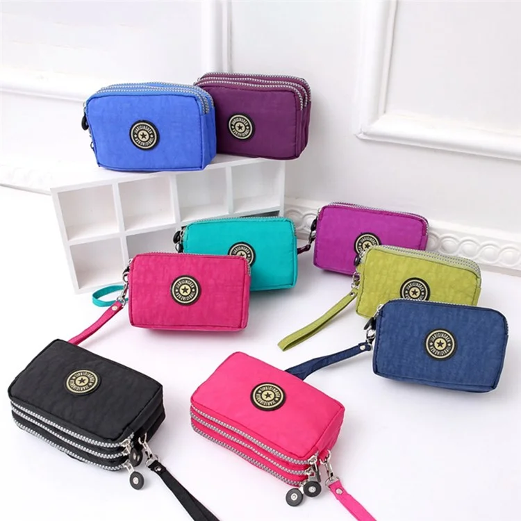 JIARIQINGREN 610 Women Three Layer Zipper Coin Purse Washed Denim Cellphone Holder Clutch with Wrist Strap - Sapphire