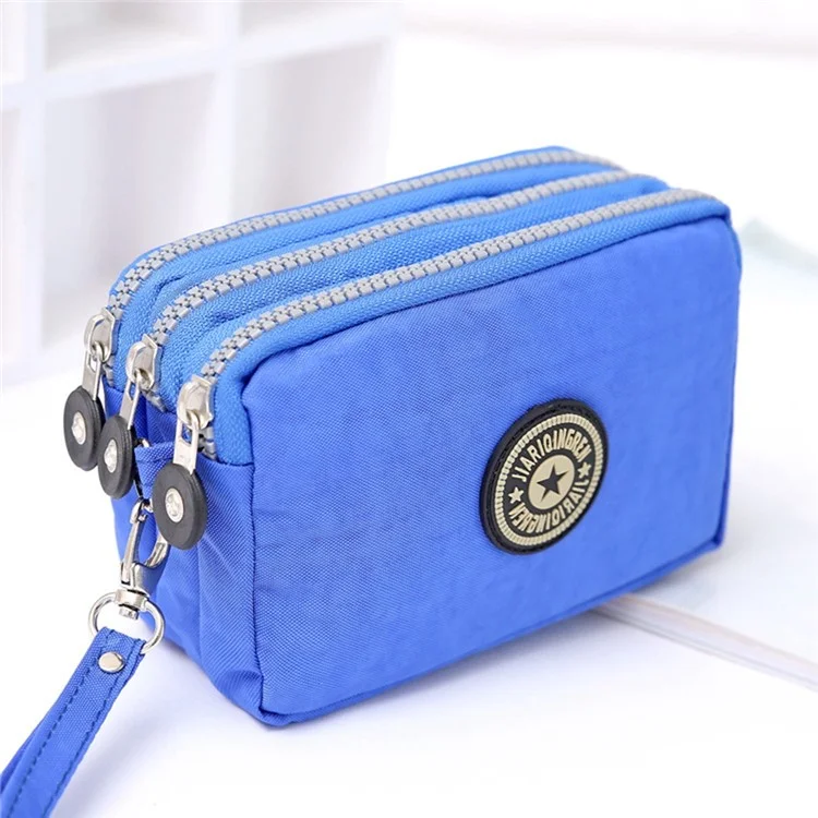 JIARIQINGREN 610 Women Three Layer Zipper Coin Purse Washed Denim Cellphone Holder Clutch with Wrist Strap - Sapphire