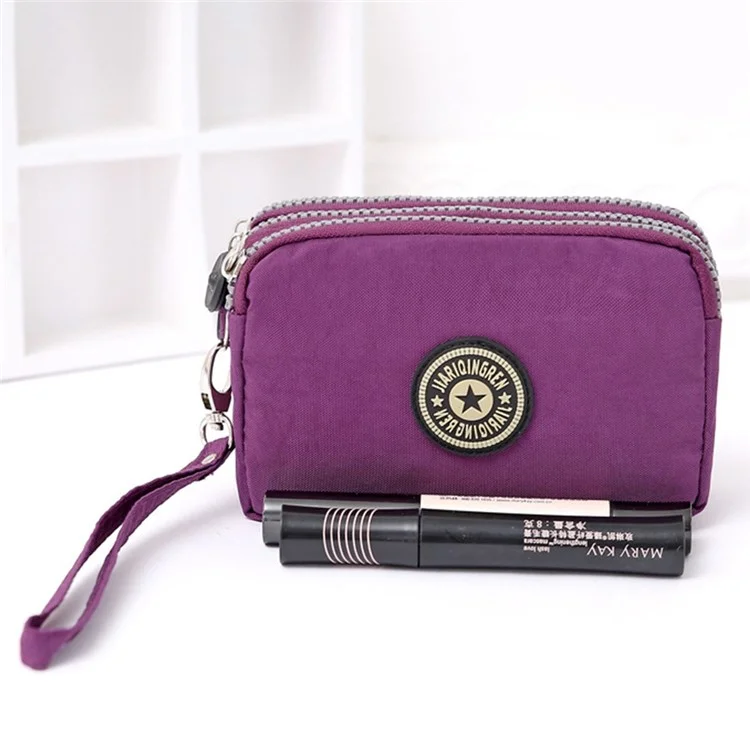 JIARIQINGREN 610 Women Three Layer Zipper Coin Purse Washed Denim Cellphone Holder Clutch with Wrist Strap - Sapphire